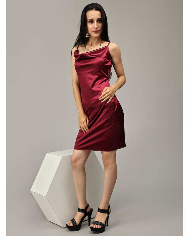 Maroon Satin Cowl Neck Dress: Elegant Evening Wear Online