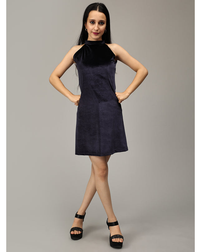 Buy Navy Short Halter Neck Velvet Dress online