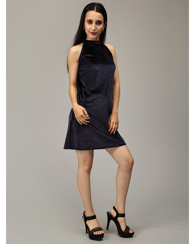 Halter Neck Navy Velvet Dress: Online Fashion Find