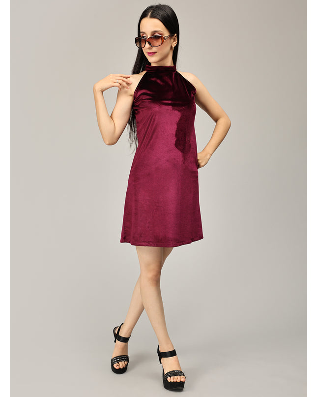 Shop Wine Short Halter Neck Velvet Dress online