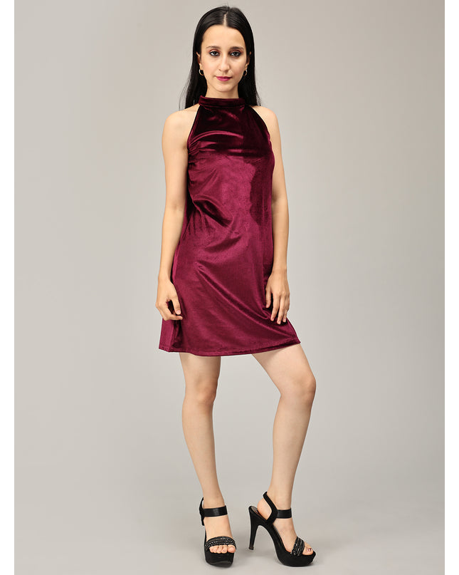 buy Wine Short Halter Neck Velvet Dress online