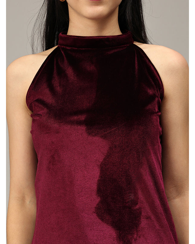 Velvet Dreams: Wine Halter Neck Dress Online  pen_spark