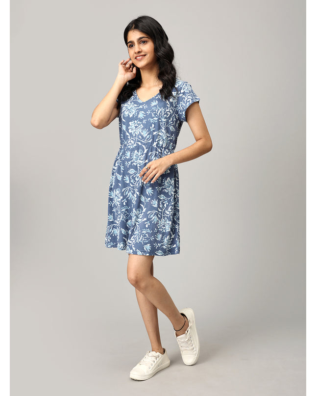 Blue A Line Printed Dress