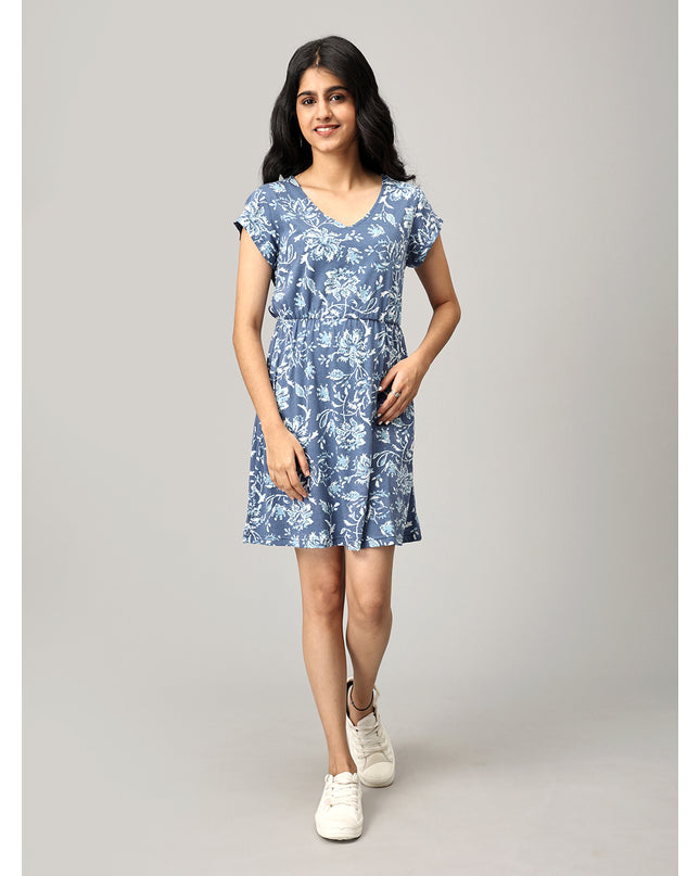 Blue A Line Printed Dress