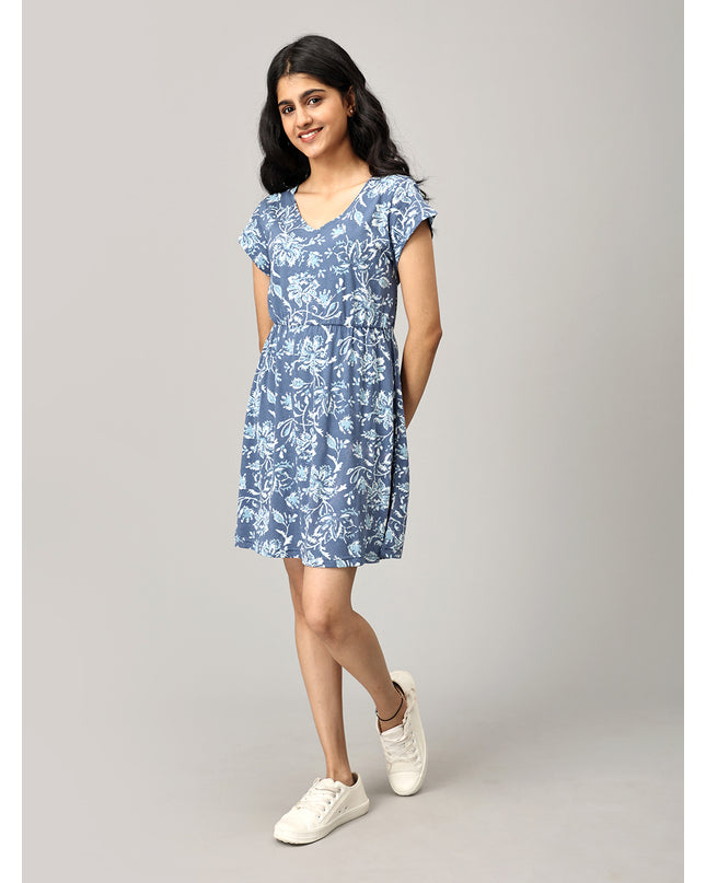 Blue A Line Printed Dress