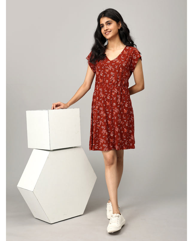 Maroon A Line Printed Dress