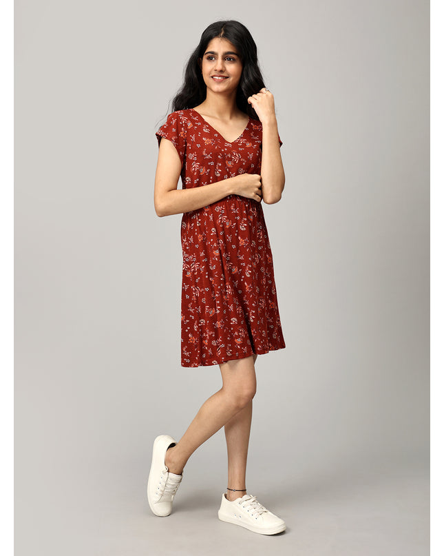 Maroon A Line Printed Dress