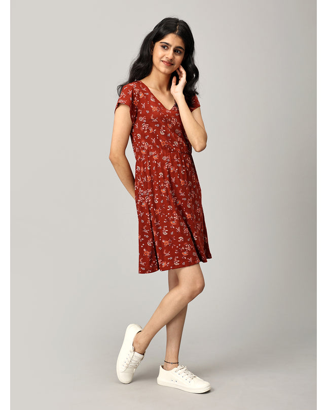 Maroon A Line Printed Dress