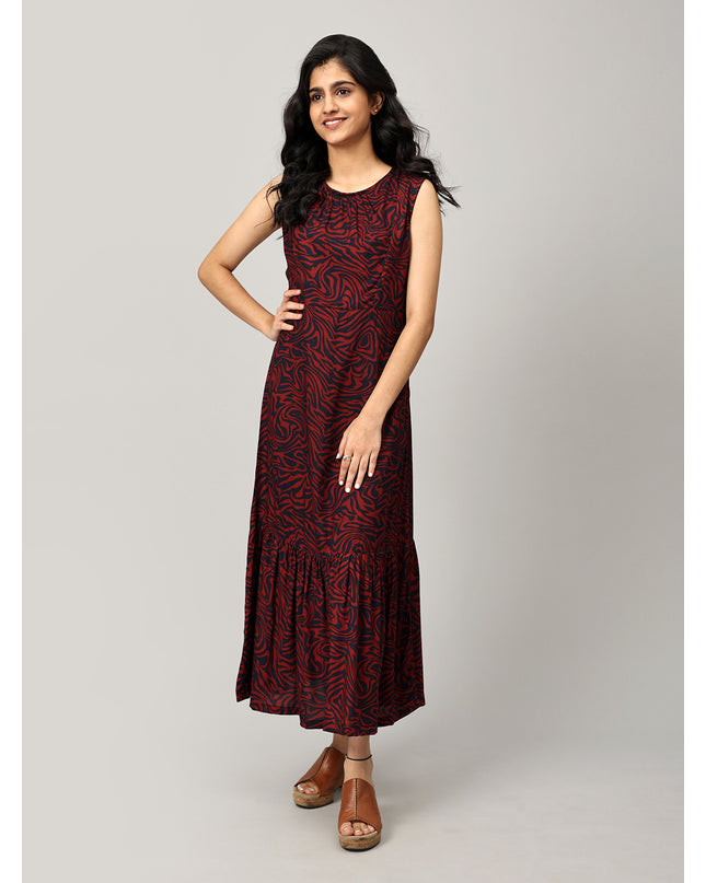 Navy Long Printed Dress