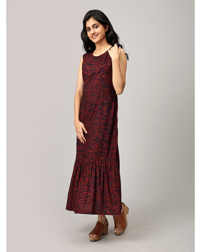 Navy Long Printed Dress