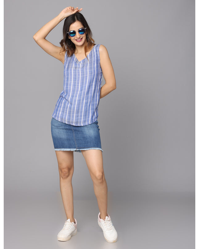 blue striped sleeveless top available online now