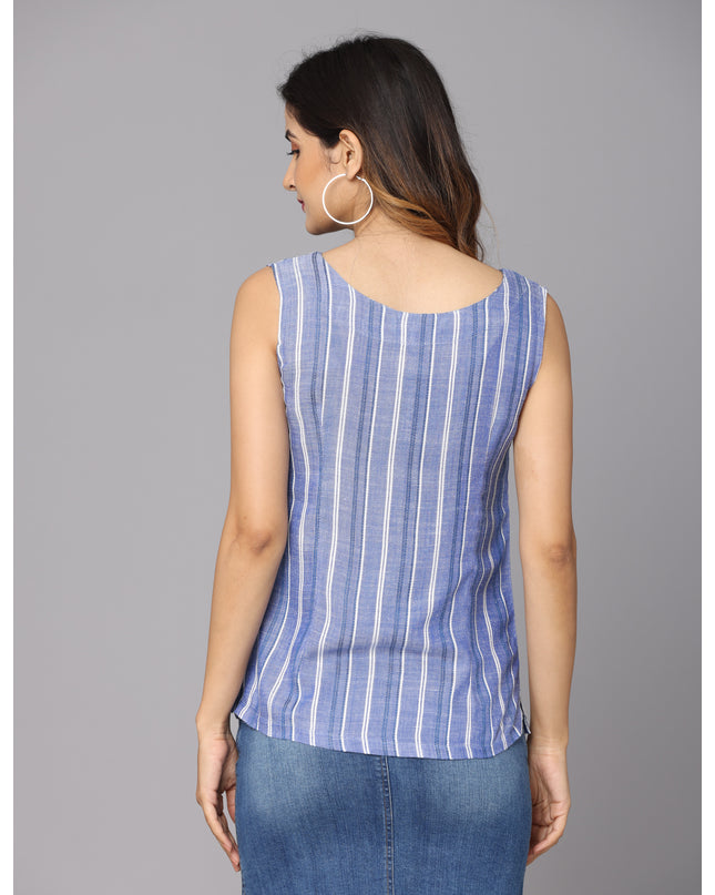 Grab this online exclusive blue striped sleeveless top and make a fashion statement