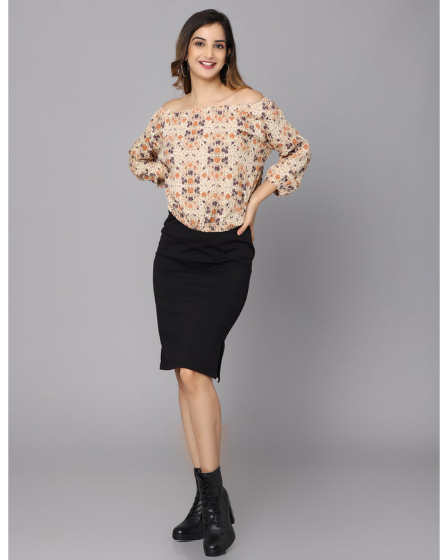 Upgrade Your Wardrobe with a Beige Printed Off Shoulder Top – Shop Now