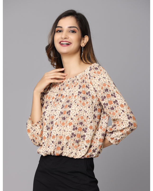 Shop the Latest Beige Printed Off Shoulder Top for a Chic Look