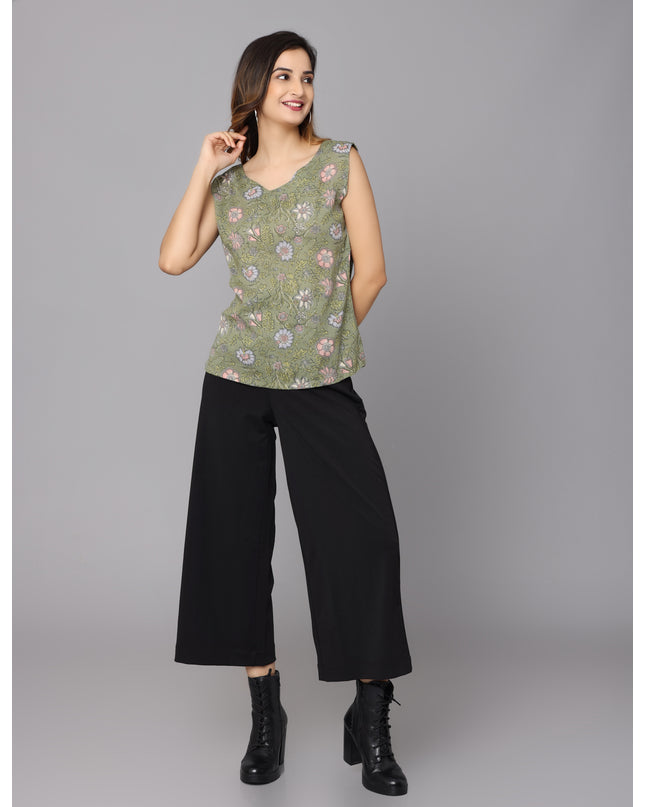 Stylish Green Sleeveless Top with Prints - Available Online