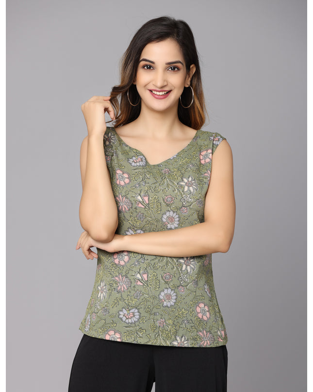 Buy Green Printed Sleeveless Top online