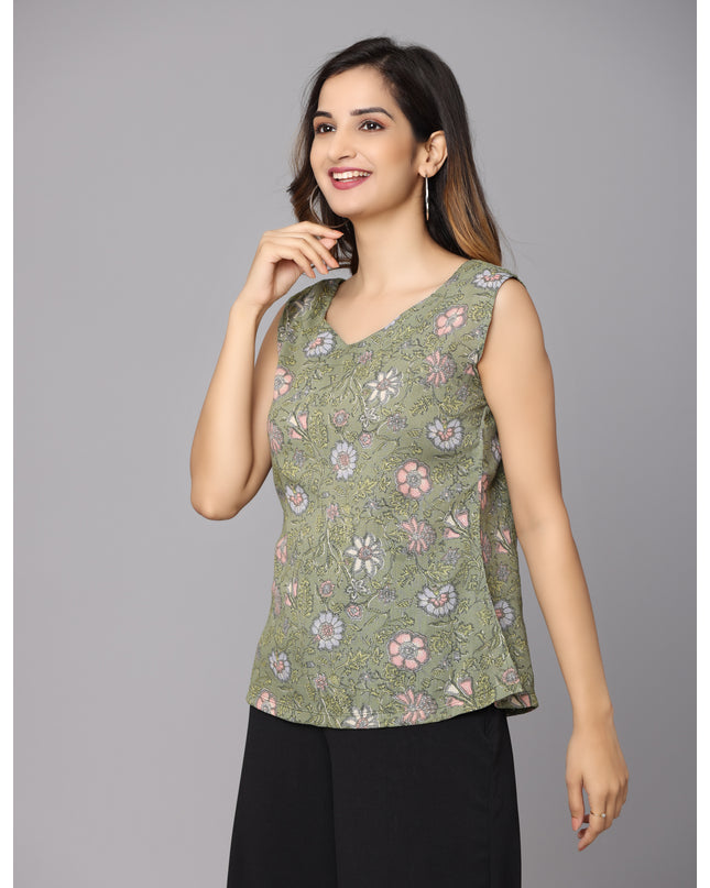 Eco-Friendly Vibes: Buy Green Printed Sleeveless Top Online
