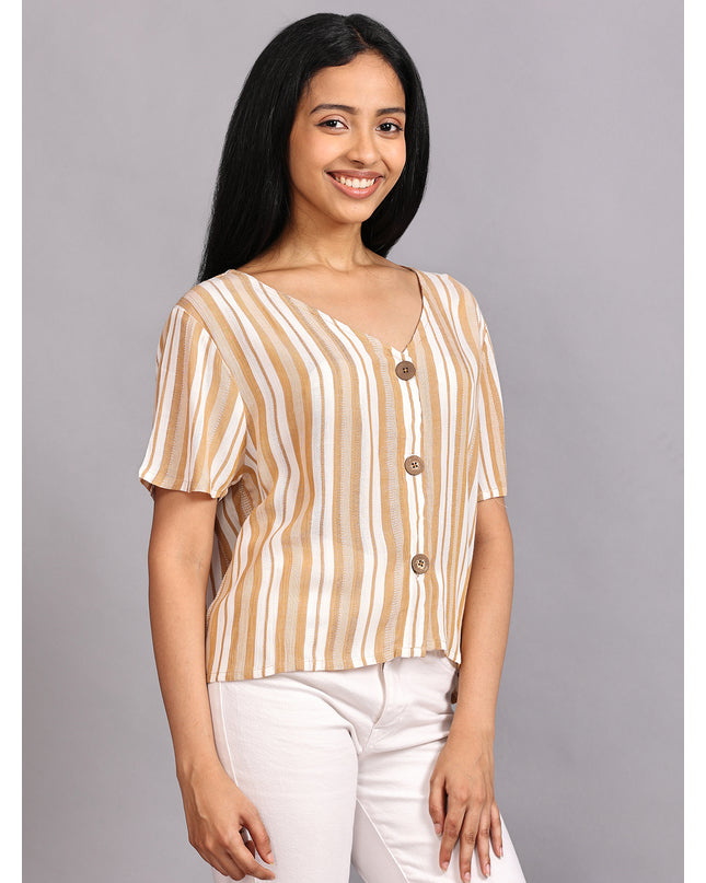 Order Striped Half Sleeve Crop Top with Buttons Online