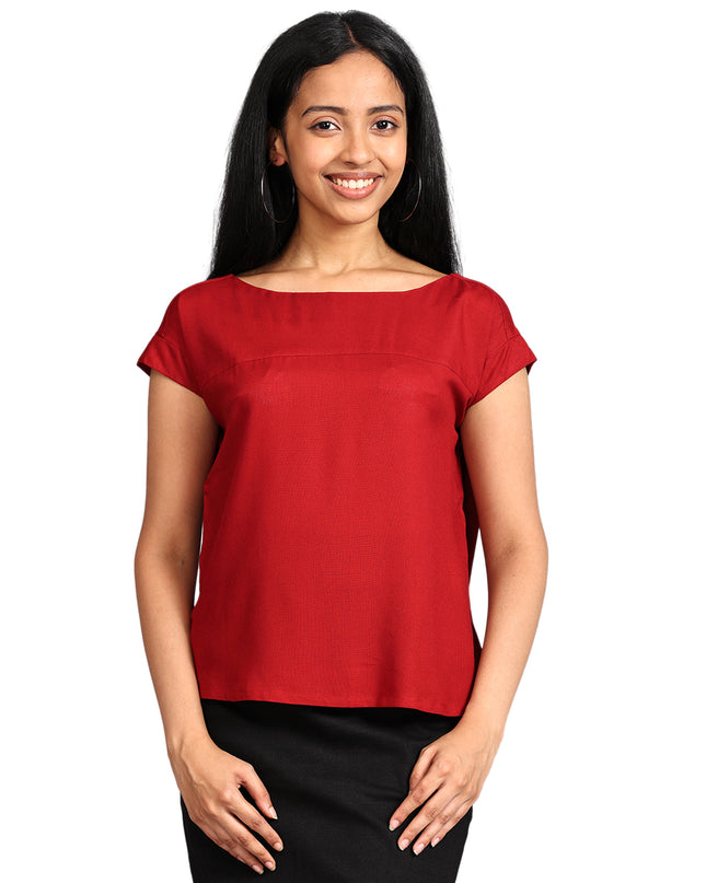 Buy Boat Neck Red Woven Top Online