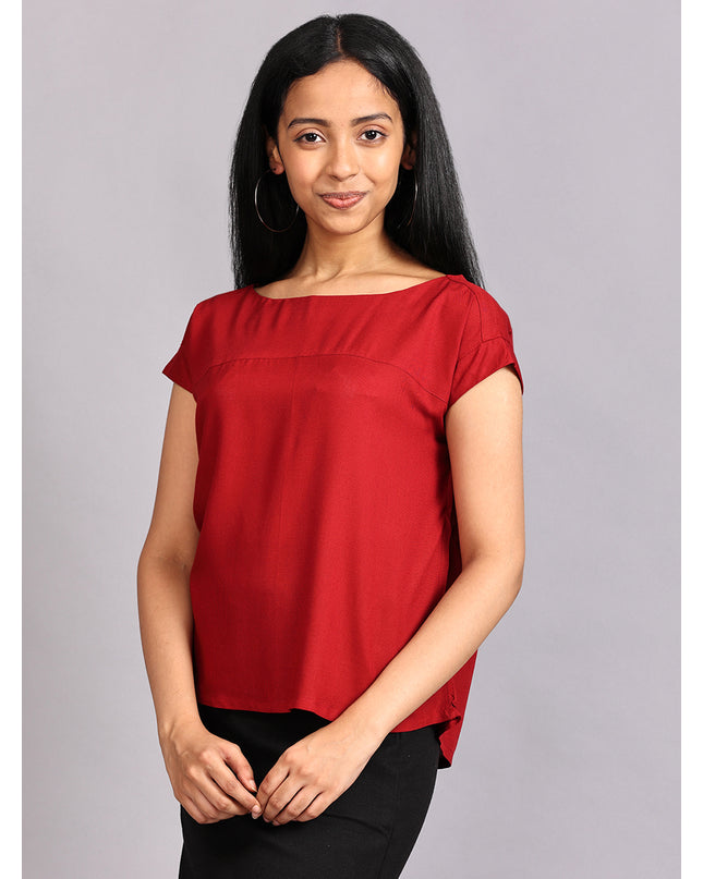 Get Boat Neck Red Woven Top Online