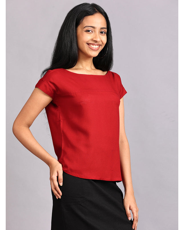 Order Boat Neck Red Woven Top Online