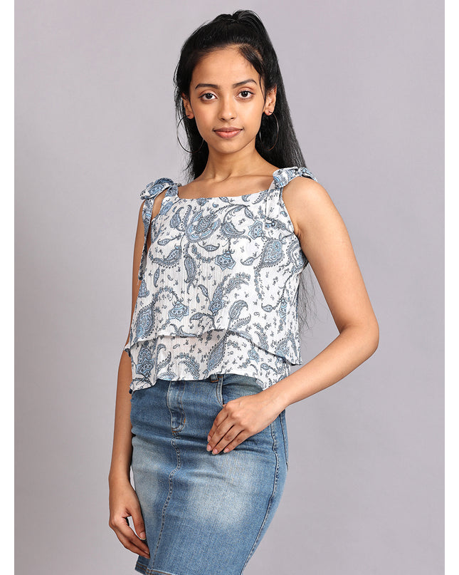 Buy the eye-catching Blue&White Shoulder Knot Top online now
