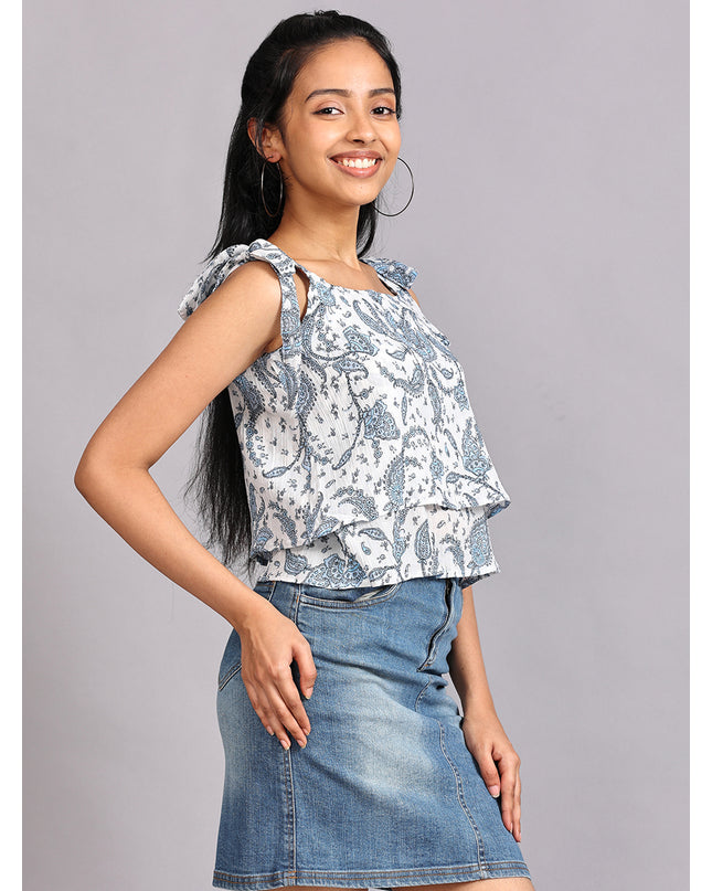 Upgrade your wardrobe with the Blue&White Shoulder Knot Top available online