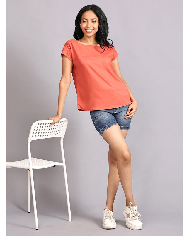 Buy Boat Neck Orange Woven Top online