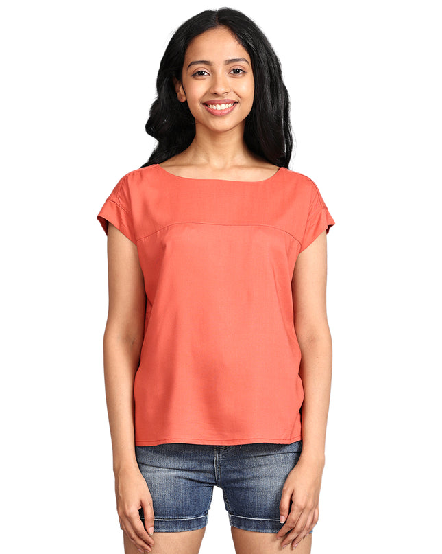 Discover the stylish Boat Neck Orange Woven Top available online