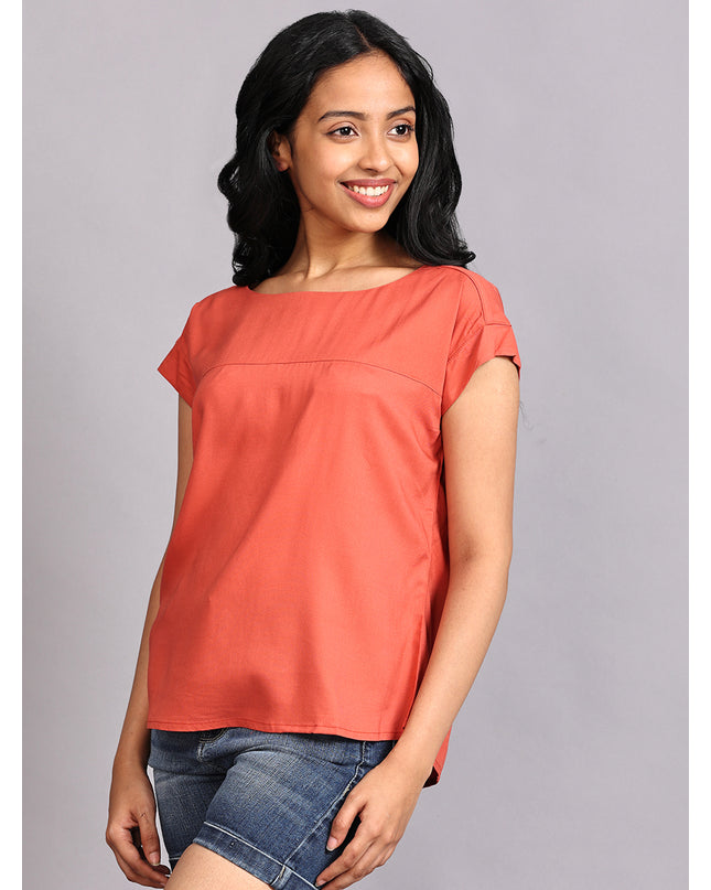 Get your trendy Boat Neck Orange Woven Top online now