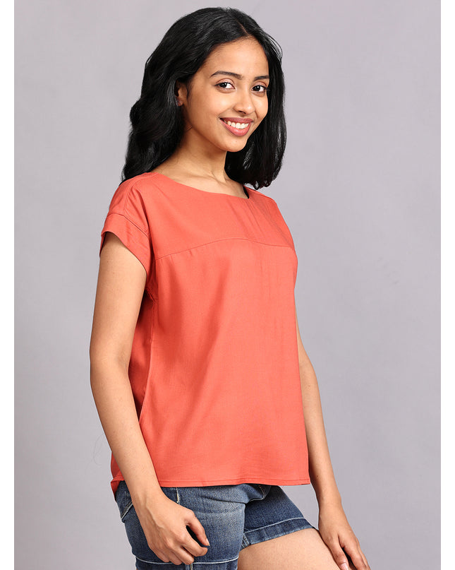 Shop the chic Boat Neck Orange Woven Top on our website