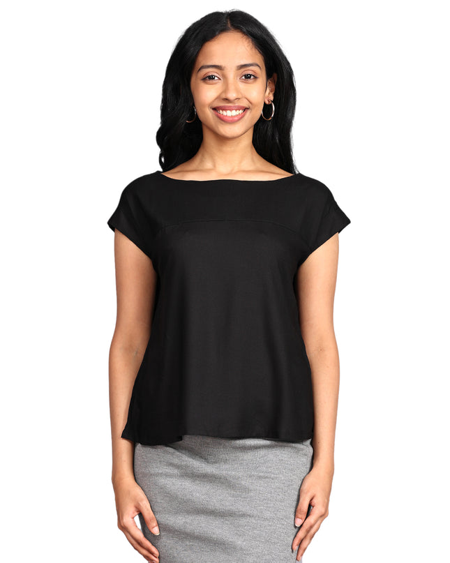 Buy Boat Neck Black Woven Top Online