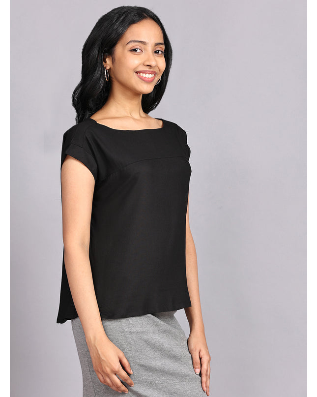 Get Boat Neck Black Woven Top Online