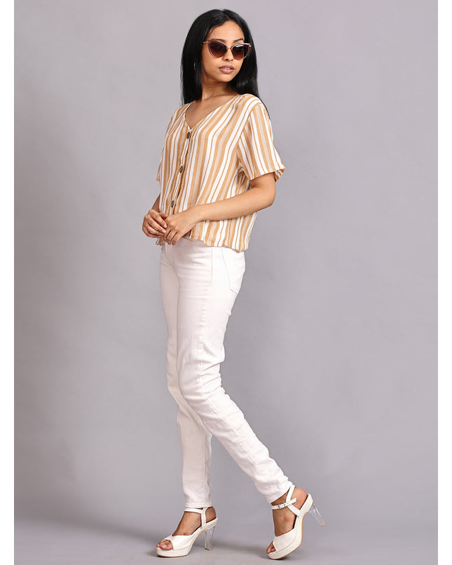 Shop Half Sleeve Crop Top with Buttons Striped online