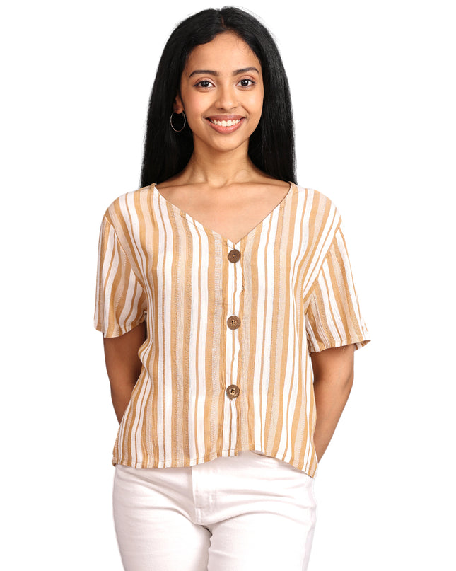 Striped Half Sleeve Crop Top with Buttons Available Online