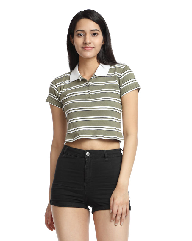 Buy Crop Polo T-shirt green&white striped online