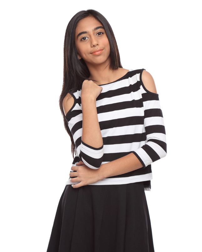Black and White Striped Cold shoulder Top