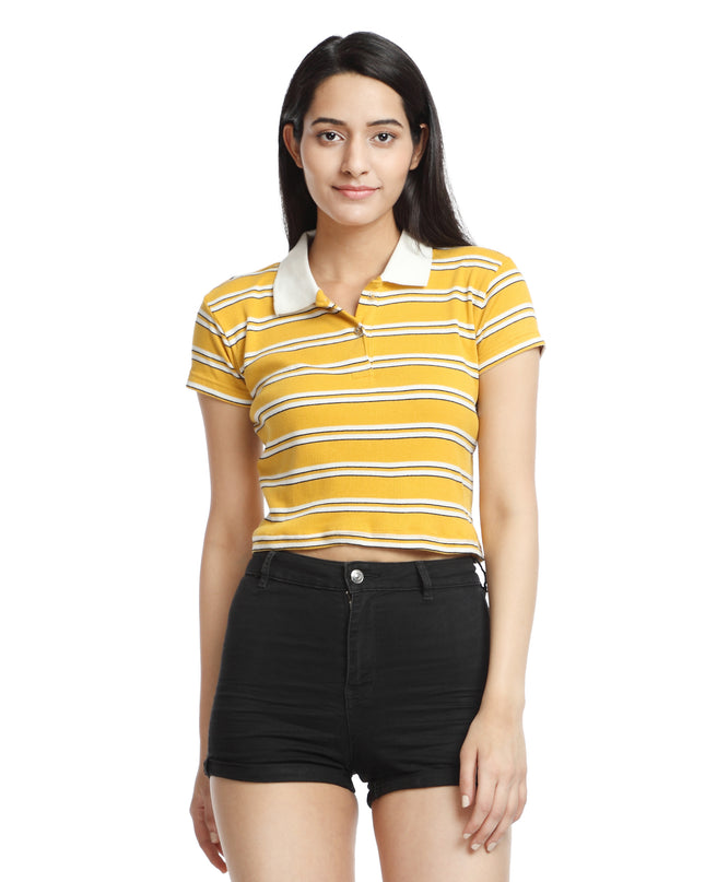 Shop Crop Polo T-shirt yellow&white striped online