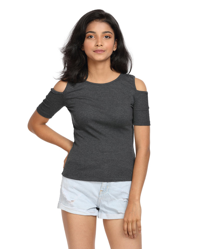 Half Sleeve Ribbed Cold Shoulder Grey Top with a Cross Back - GENZEE