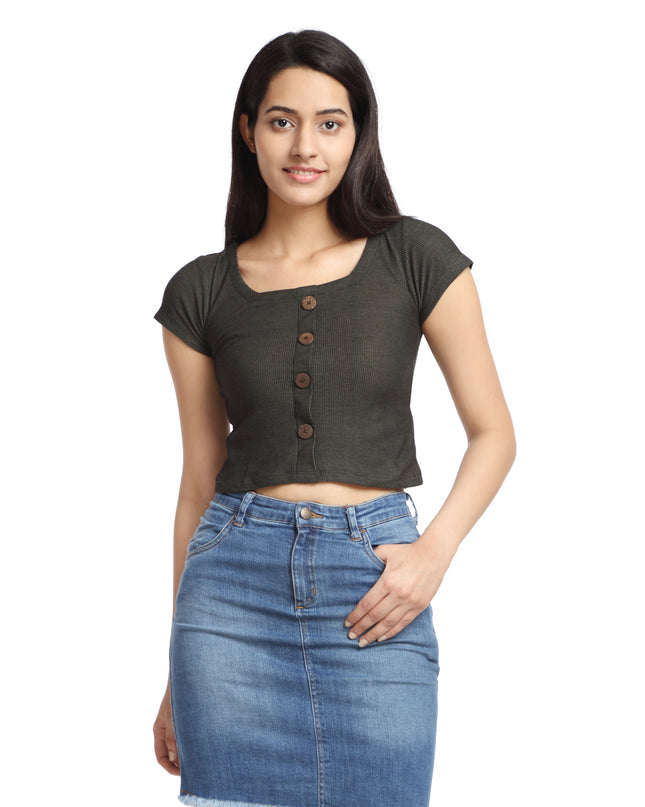 Fashionable Green Ribbed Knit Crop Top with Buttons - Buy Online Today