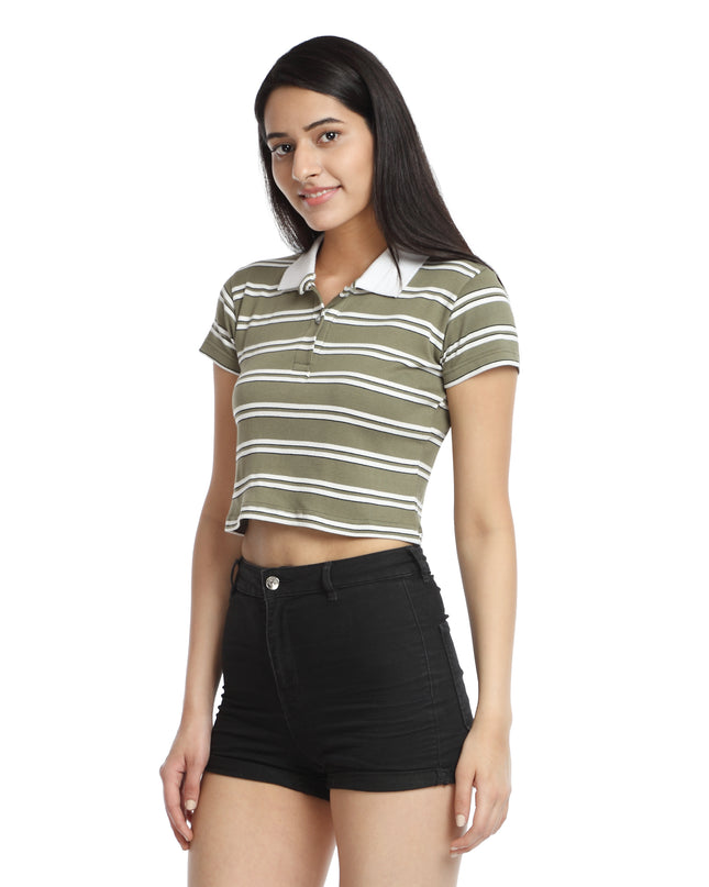 Get your green & white striped crop polo T-shirt online today.