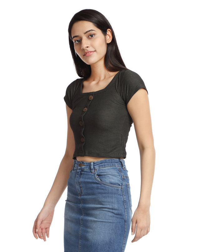 Get Your Green Ribbed Knit Crop Top with Chic Buttons - Online Store