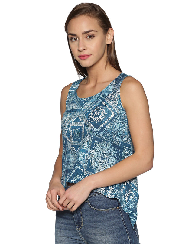 Sleeveless Turquoise Printed Knit Top