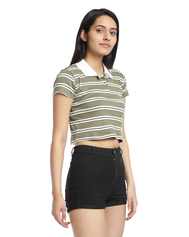 Shop the latest green and white striped crop polo T-shirt online.