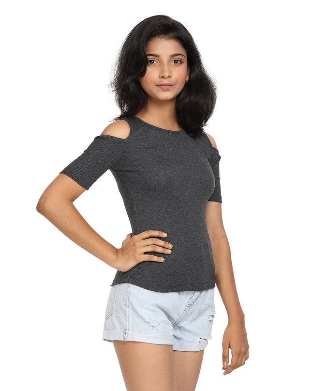 Half Sleeve Ribbed Cold Shoulder Grey Top with a Cross Back - GENZEE