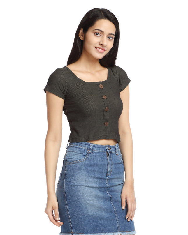 Stylish Green Ribbed Knit Crop Top with Button Details - Available Online