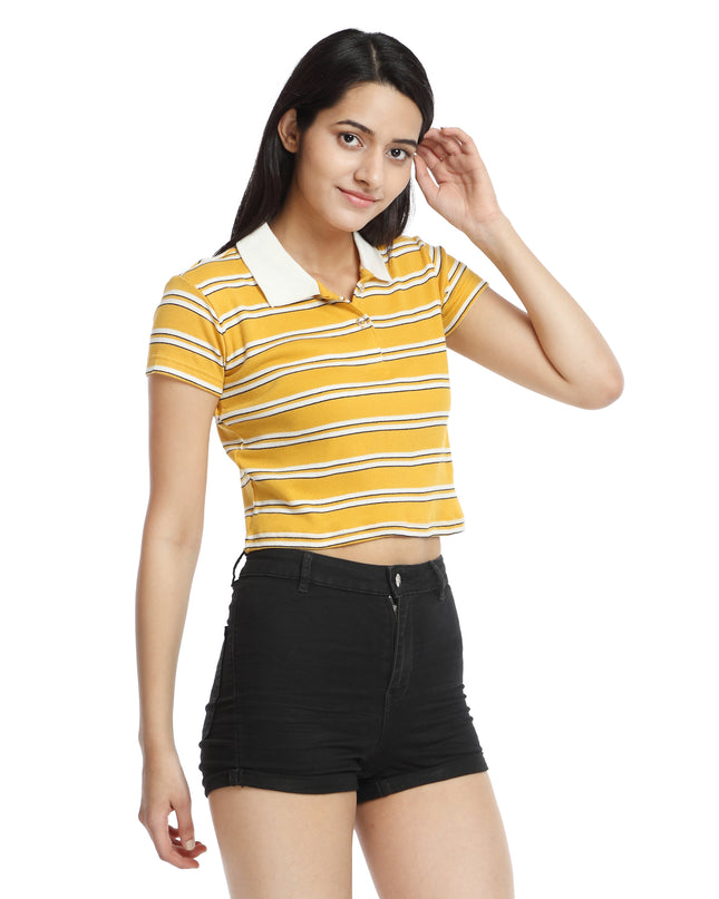 Crop polo t-shirt in yellow and white stripes, shop now!