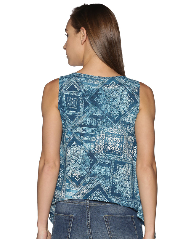 Sleeveless Turquoise Printed Knit Top