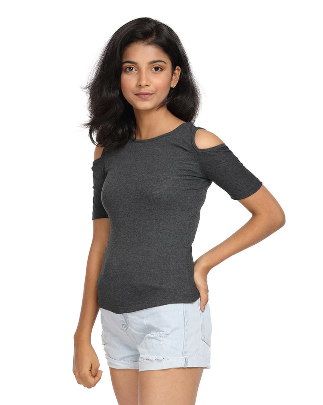 Half Sleeve Ribbed Cold Shoulder Grey Top with a Cross Back - GENZEE