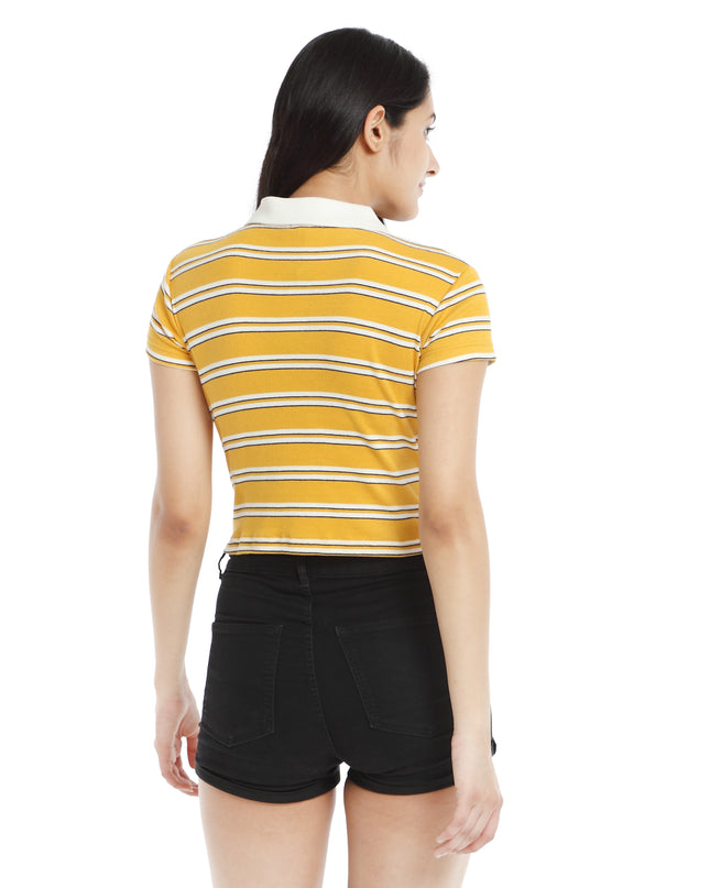Fashion-forward yellow and white striped crop polo tee, available for purchase